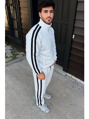 Alfanora Erkek Çift Şeritli Eşofman Takım Dik Yaka Fermuarlı Sweatshirt Boru Paça Alt, Oversize 3 Iplik Pamuklu - Beyaz