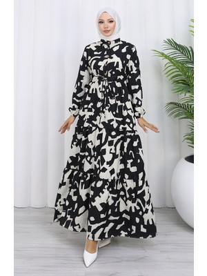 Hakim Yaka Beli Bağcıklı Desenli Elbise 0191-01 Siyah