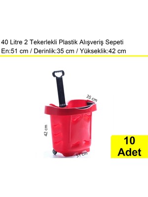 Akdenizpos Tekerlekli Plastik Market Alışveriş El Sepeti 40 Litre Kırmızı 10 Adet