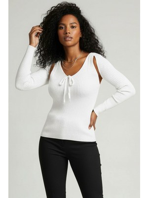 Teenage Millionaire Kadın Beyaz Üst Kalite Dokuma Uzun Kollu Fitilli Bluz Body