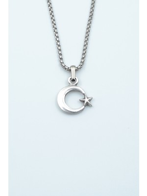IDR Minimal Ay Yıldız Gümüş Kaplama Örme Zincir Kolye