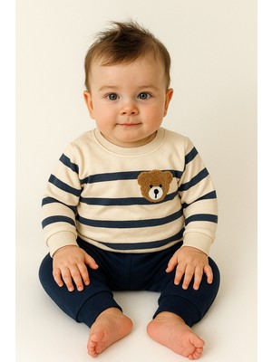 bebekyol Ayı Nakışlı Çizgili Bebek Takımı