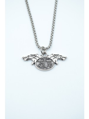 IDR Kam - Şaman Davulu Kurt Gümüş Kaplama Örme Zincir Kolye