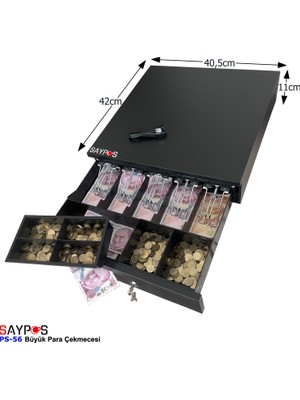 Saypos 5 Geniş Banknot Gözlü Pos Bağlantılı ve Anahtardan Açılır Büyük Para Çekmecesi 40,5X42X11CM