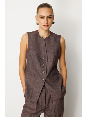 Ekol Kadın Ekoseli Fleto Cepli Yelek 5165 Bordo