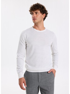Fabrika Bisiklet Yaka Slim Fit Çizgili Ekru Erkek Kazak F5WM-KZK 2306