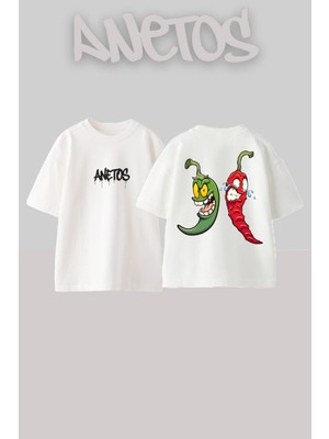 Anetos Pepper Tasarım Sırt Baskılı Pamuk Beyaz Oversize T-Shirt