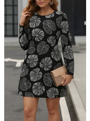 Janes Kadın Uzun Kollu Bisiklet Yaka Desenli Kısa Krep Elbise