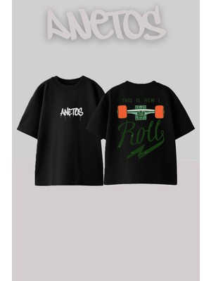 Anetos Roll Tasarım Sırt Baskılı Pamuk Siyah Oversize T-Shirt