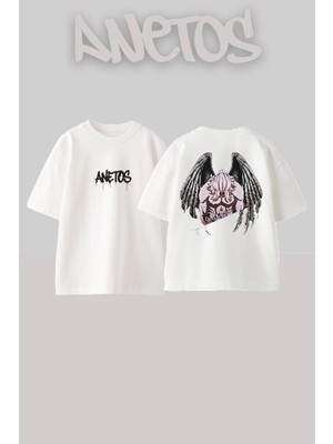 Anetos Mikey Death Tasarım Sırt Baskılı Pamuk Beyaz Oversize T-Shirt