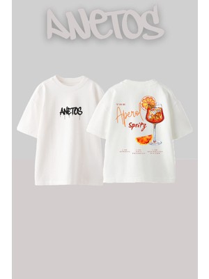 Anetos Aperol Spiritz Tasarım Sırt Baskılı Pamuk Beyaz Oversize T-Shirt