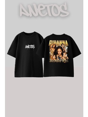 Anetos Rihanna 1 Tasarım Sırt Baskılı Pamuk Siyah Oversize T-Shirt