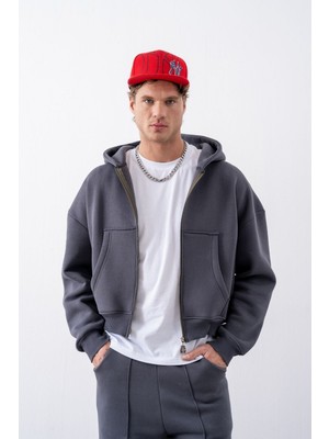 Gothamvibes Erkek Boxy Oversize Fermuarlı Chill Antrasit Sweatshirt