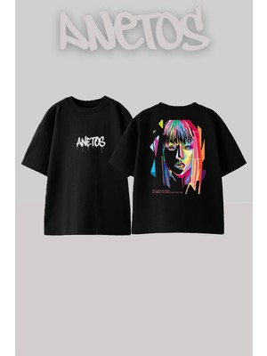 Anetos Lady Gaga 12 Tasarım Sırt Baskılı Pamuk Siyah Oversize T-Shirt