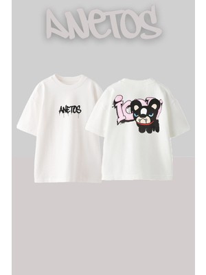 Anetos Cute Angry Dog Tasarım Sırt Baskılı Pamuk Beyaz Oversize T-Shirt