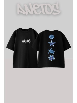 Anetos Denız Kabukları Tasarım Sırt Baskılı Pamuk Siyah Oversize T-Shirt