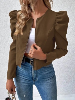 Arben Boutique Kadın Uzun Kollu Önden Fermuarlı Balon Kol Süet Ceket
