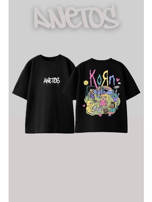 Anetos Korn 14 Tasarım Sırt Baskılı Pamuk Siyah Oversize T-Shirt
