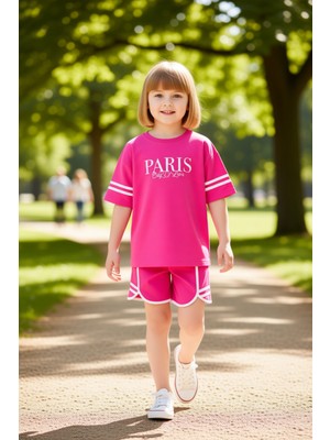 PayBuy Kız Çocuk Pamuklu Bisiklet Yaka Slogan Baskılı Kısa Kollu Tişört ve Şort Takımı Kaliteli Şık