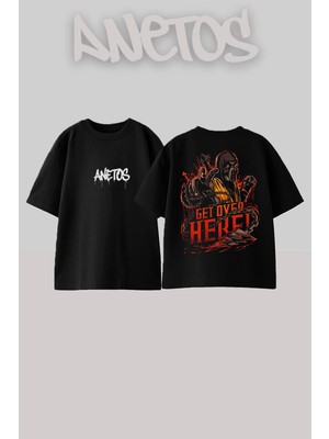 Anetos Get Over Here Tasarım Sırt Baskılı Pamuk Siyah Oversize T-Shirt