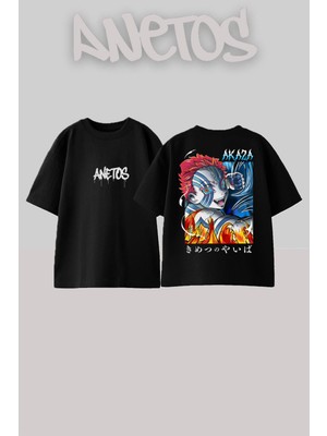 Anetos Demon Slayer Akaza 4 Tasarım Sırt Baskılı Pamuk Siyah Oversize T-Shirt