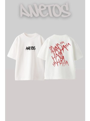 Anetos Hahahaha Tasarım Sırt Baskılı Pamuk Beyaz Oversize T-Shirt
