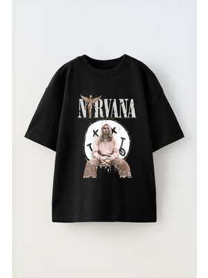 Anetos Nırvana Baskılı Ünisex Pamuk Siyah Oversize T Shirt