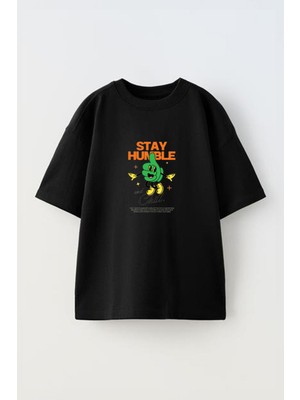 Anetos Stay Humble And Chıll Ön Baskılı Pamuk Siyah Oversize T Shirt