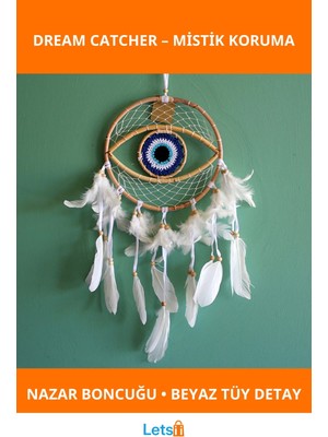 Letsii Göz Tasarımlı Nazardan Koruyan Beyaz Tüylerle Süslü Rüya Kapanı