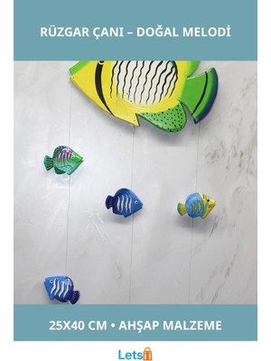 Letsii El Yapımı Ahşap Balıklı Rüzgar Çanı 25X40 cm