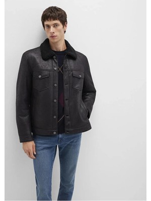 Mavi Suni Kürk Detaylı Siyah Suni Deri Ceket 0110460-71379