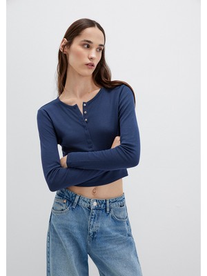 Mavi Uzun Kollu Crop Basic Tişört 1613403-70487