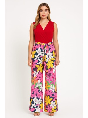 Şans Kadın Büyük Beden Kırmızı, Anvelop Yaka, Çiçek Desenli Tulum 65N39217