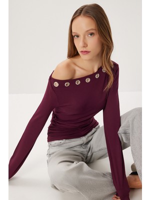 Happiness İstanbul Asimetrik Halkalı Örme Bluz LUB0277 Bordo