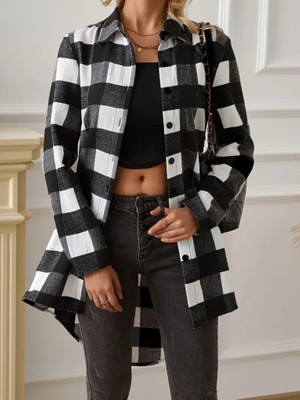 Janes Kadın Uzun Kollu Ekoseli Önden Düğmeli Dokuma Uzun Gömlek