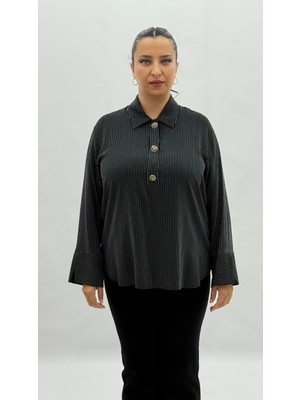 AlanyaXXL Büyük Beden Düğmeli Çizgili Viskon Uzun Kol Oversize Kadın Gömlek