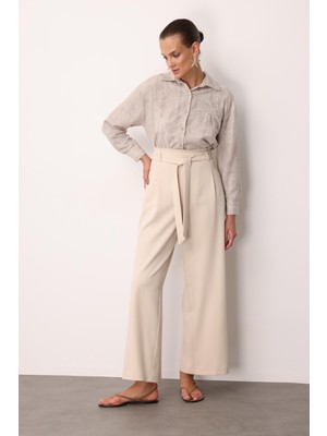 Accort Kuşak Detaylı Pantolon-Taş
