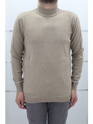 Santa Fistan Store Erkek Koyu Bej Düz Spor Kesim Normal Kalıp Yarım Balıkçı Yaka Kışlık Yünlü Kazak