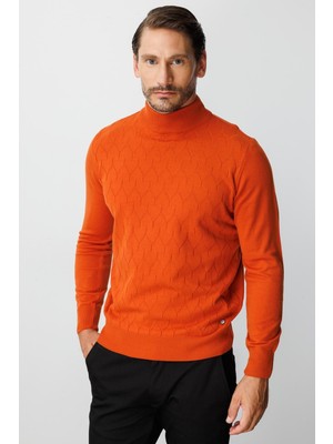 İGS Turuncu Standart Fit Dar Kalıp Yarım Balıkçı Düz Uzun Kollu  Triko