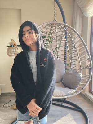 Şimo Butikkız Çocuk Peluş Polar Hırka Kapşonlu Fermuarlı Cepli Pembe Beyaz Siyah Mor Gül Kurusu !!!dar Kalıp