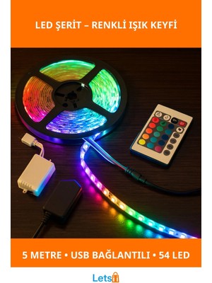 Letsii USB Bağlantılı Kumandalı 5m Rgb 54 LED Aydınlatma Şeridi