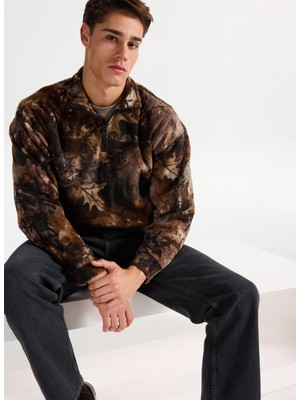 Only & Sons Yüksek Yaka Kahve Erkek Sweatshırt Onsbılly Vtg Washed Aop Halfzıp Swe