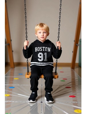 FRM Çocuklar Için Pamuklu Kapüşonlu Slogan Baskılı Oversize Örme Takım Kaliteli Şık Rahat