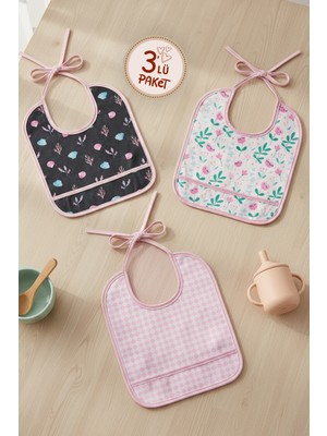 Hamur Proof 3'lü Sıvı Su Geçirmez Bebek Mama Önlüğü Ağız Silme Mendili Bağlamalı 3 Prç PembeGrup 6-24 Ay