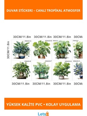 Letsii Tropikal Bitkiler Duvar Stickerı 30 cm 8 Adet