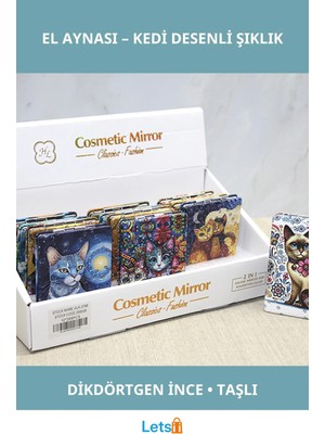 Letsii Kedi Taşlı Şık El Aynası Dikdörtgen Ince