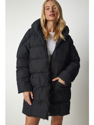 Happiness İstanbul Kapüşonlu Oversize Şişme Kaban LNT0002 Siyah