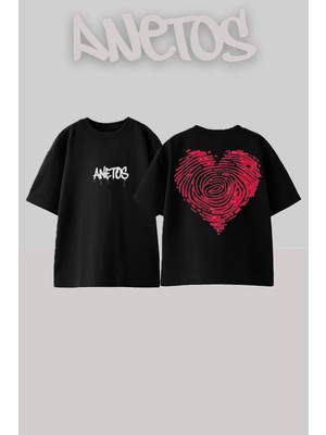 Anetos Kalp Izi Tasarım Sırt Baskılı Pamuk Siyah Oversize T-Shirt