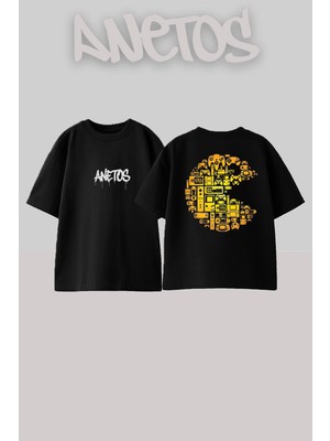 Anetos Pacman 2 Tasarım Sırt Baskılı Pamuk Siyah Oversize T-Shirt