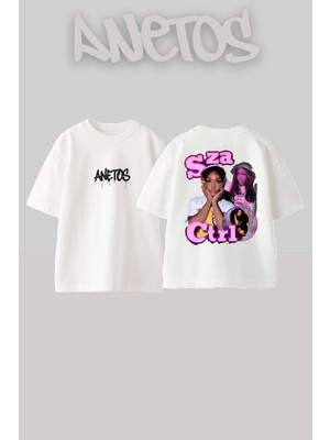 Anetos Sza Ctrl Tasarım Sırt Baskılı Pamuk Beyaz Oversize T-Shirt